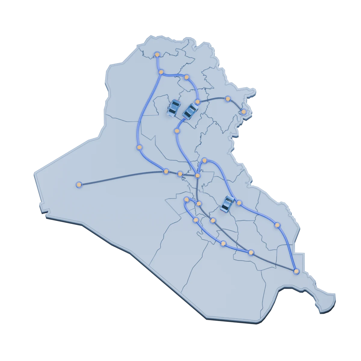 Overhead illustration of Iraq and its governorate boundaries